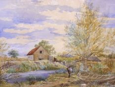 INDISTINCTLY SIGNED LOWER LEFT, WATERCOLOUR, Rural Landscape with Figure, River, Cottage and Boat,