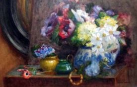 MARIA EATON, SIGNED, WATERCOLOUR, Still Life Study of Mixed Flowers in Chamber Pot, Inkwell, other