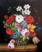 UNSIGNED, MODERN OIL ON BOARD, Still Life Study of Mixed Flowers in a Basket, 7” x 5”