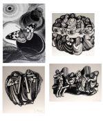 IRIS FRANSIS, SET OF SIX LIMITED BLACK AND WHITE WOODBLOCK PRINTS (1/50), taken from Bosses in