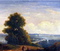 ATTRIBUTED TO FREDERICK TULLY LOTT, OIL ON BOARD, Travellers in Coastal Landscape, 5” x 6”