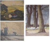 R L HOWES, SIGNED IN PENCIL TO MARGIN, GROUP OF THREE COLOURED WOODBLOCK PRINTS INCLUDING ONE