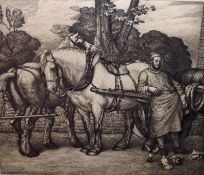 G W RHEAD, SIGNED TO THE IMAGE, BLACK AND WHITE ETCHING, Drayman with Work Horses and Cart, 7” x 8”