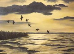 J H COOPER, SIGNED AND DATED 1981, OIL ON CANVAS, Ducks Alighting, 14 ½” x 20”