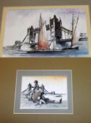 JUREK NEMS, SIGNED, TWO PEN INK AND WATERCOLOURS, Views of Tower Bridge, 3” x 5” and 6” x 9 ½”, both