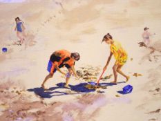 R WALPOLE, SIGNED, OIL ON CANVAS, Inscribed verso “Digging for Gold, Frinton”, 15” x 19”