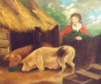 AFTER MORLAND, OIL ON BOARD, Figure with Pigs in Sty, 13” x 16”; together with one further Oil by