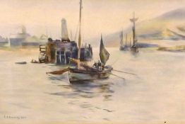E P SEAPBY, SIGNED AND DATED 1921, WATERCOLOUR, Shipping off a Harbour, 6” x 9”