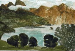 ANNE ROOKE, SIGNED AND DATED ’55, COLOURED SCREEN PRINT, LAKE AND MOUNTAIN LANDSCAPE, 15” x 20”