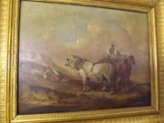 19TH CENTURY ENGLISH SCHOOL, OIL ON PANEL, Coastal Scene with Fisherfolk, Horse and Cart, 8 ½” x 11”