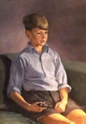 20TH CENTURY ENGLISH SCHOOL, OIL ON CANVAS, Young Boy with Gun, 24” x 17”