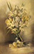 N F, INITIALLED, OIL ON CANVAS, Still Life Study of Mixed Flowers in a Vase, 23” x 15”,