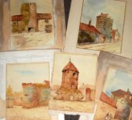 WILLIAM EDWARD MAYES, SIGNED, GROUP OF FIVE UNFRAMED WATERCOLOURS, Towers of the Great Wall of