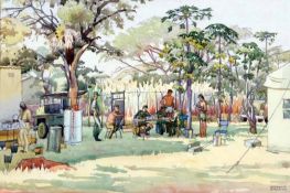 VERONICA BURLEIGH, SIGNED, WATERCOLOUR, Military Encampment, 14” x 20 ½”, mounted but unframed
