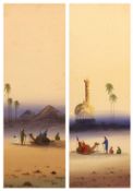 E HEQAZI, SIGNED, PAIR OF GOUACHE, Middle Eastern Landscapes with Figures and Camels, 10” x 4” (2)