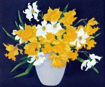 T T BLAYLOCK, SIGNED IN PENCIL TO MARGIN, COLOURED WOODBLOCK PRINT, “Daffodils”, 10” x 12”