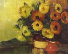 T SYKES, SIGNED, OIL ON BOARD, Still Life Study of Mixed Flowers in a Jug, 10 ½” x 14”