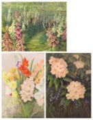 KIT LAWS, SIGNED, GROUP OF THREE OILS/PASTELS, Floral Studies, assorted sizes (3)