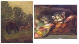 JESSIE G HARRISON, SIGNED, OIL ON CANVAS, Cats, 8” x 10”; together with an Oil of Horses, Signed