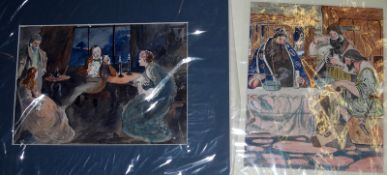 H R CARTER, MONOGRAMMED, TWO WATERCOLOUR ILLUSTRATIONS, Figures in Candlelit Interior and Figures in