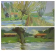 RICHARD BOURDON SMITH, INITIALLED, PAIR OF OILS ON BOARD, Inscribed verso “The Thames in Flood”