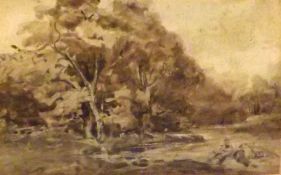 19TH CENTURY ENGLISH SCHOOL, WATERCOLOUR, Figures in River Landscape, 4 ½” x 7”