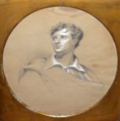 19TH CENTURY ENGLISH SCHOOL, CHARCOAL DRAWING HEIGHTENED WITH WHITE, Portrait of Lord Byron, 11” x 9