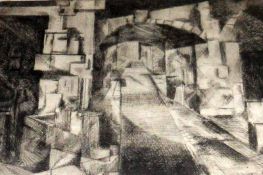 J WARNER, SIGNED TO THE IMAGE, BLACK AND WHITE ETCHING, Cubist-type Study of an Archway, 9 ½” x 10”
