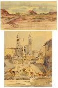 E WEBB, SIGNED, WATERCOLOUR, Figures by Steps and Monument, 10” x 9”; together with one further work