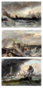 AFTER J M W TURNER, SET OF FIVE HAND COLOURED MEZZOTINTS, “Dover”; “Ramsgate”; “Plymouth”; “