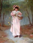 J C, BEARS MONOGRAM, OIL ON CANVAS, Lady Picking Flowers in Woodland, 12” x 8 ½”