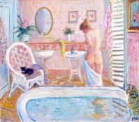 ASH, SIGNED, OIL ON CANVAS, Nude in Bathroom Interior, 29” x 34”