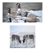 SIAN WILKINS, SIGNED, TWO WATERCOLOURS, “Cows in Winter” and “Three Geese”, 4” x 4” and 5” x 9 ½” (