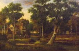 M GOODMAN, SIGNED, OIL ON CANVAS, Rural Landscape with Figures by a Cottage, 19” x 29”