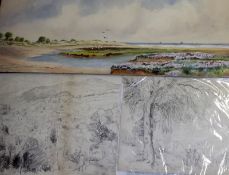 CHRISTOPHER T PAGE, SIGNED, WATERCOLOUR, Inscribed verso “Stiffkey Marshes”, 10 ½” x 30”,