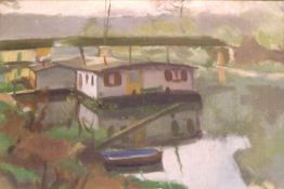 UNSIGNED, OIL, Canal Scene with Barge, 13” x 18”