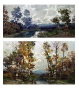 ILLIO GIANNACINI, SIGNED, TWO OILS ON CANVAS, Wooded River Landscapes, 20” x 40” and 23” x 35” (2)