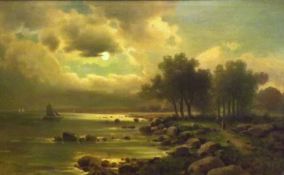 INDISTINCTLY SIGNED, CONTINENTAL SCHOOL, OIL, Coastal Scene by Moonlight, 19” x 31”