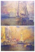T WESTCOTT, SIGNED, PAIR OF OILS ON BOARD, Shipping at Sea, 13” x 11 ½” (2)