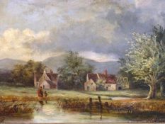 G QUITT, SIGNED, OIL ON BOARD, Rural Landscape with Figures and Cottages, 7” x 11”