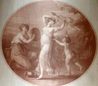 19TH CENTURY, SEPIA ENGRAVING ON SILK, Cupid Tormenting Two Female Figures, 8 ½” diameter
