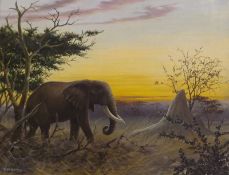 DAVID MORRISON HENRY, SIGNED, OIL ON CANVAS, Elephant in Sunset Landscape, 14” x 18”, unframed