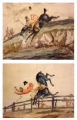 SET OF FOUR LATE IMPRESSION, HAND COLOURED COMICAL HUNTING ENGRAVINGS, “The Down Leap Done”, “