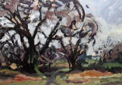 BILL SLY, UNSIGNED, OIL ON BOARD, Wooded Landscape, 17” x 23”