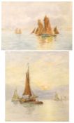 E KNOWLES, SIGNED, TWO WATERCOLOURS, Shipping Becalmed, 6 ½” x 9” and 10” x 10” (2)