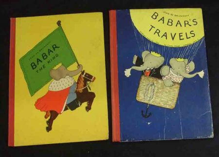 JEAN DE BRUNHOFF, 2 ttls: BABAR’S TRAVELS, 1941, 3rd edn, fo, orig cl bkd pict bds; BABAR THE