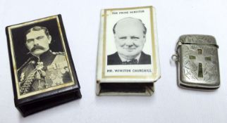 A Mixed Lot containing two plastic-covered Tin Matchbox Holders, one with black and white portrait