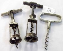 A Mixed Lot of three Vintage Corkscrews comprising: two “T” Bar and Ratchet examples and a further