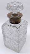 A 20th Century Square Cut Glass Clear Spirit Decanter, with silver collar and mushroom stopper, 9”