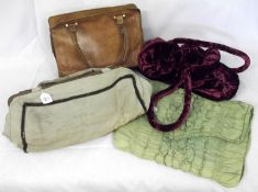 A Vintage French Canvas-type Gladstone Bag; together with a Brown Leather Ladies Handbag and two